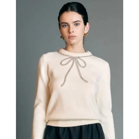 Anthropologie English Factory Rhinestone Bow Knit Sweater Off White Size Medium - Picture 1 of 8